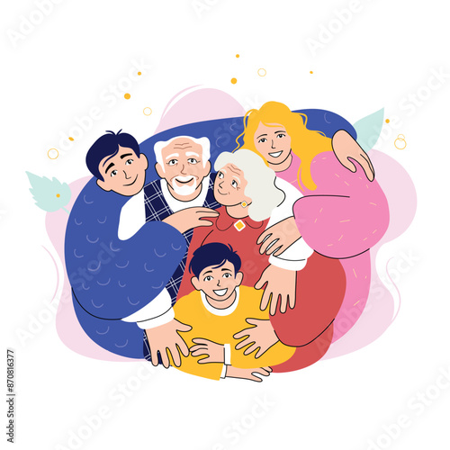 Joyful European family hugging, comic image