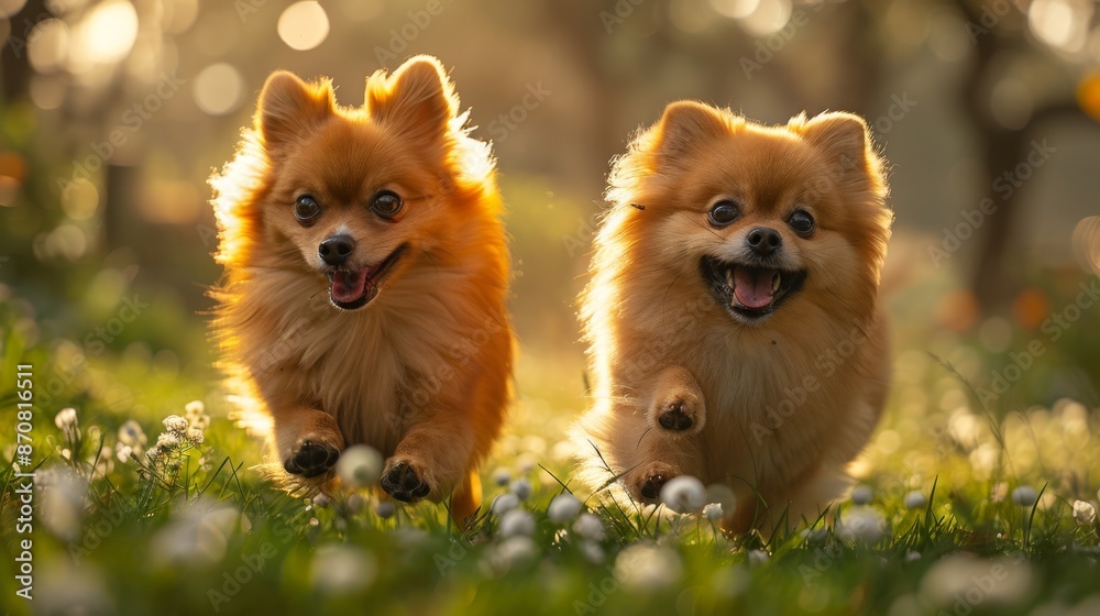 Two pomeranian dogs running in a grassy meadow during sunset, playful and happy dogs in nature concept Two pomeranian dogs running in a grassy meadow during sunset, playful and happy dogs in nature concept