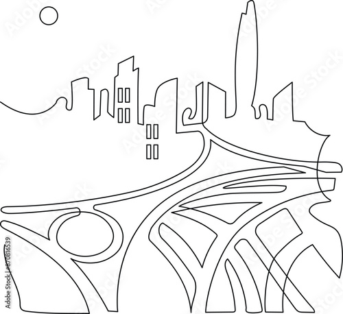 Megapolis. Continuous line drawing.Illustration of the highway and cityscape of the city. Vector