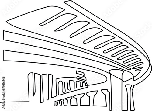 Megapolis. Continuous line drawing.Illustration of the highway and cityscape of the city. Vector