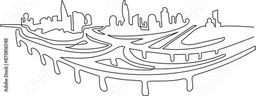 Megapolis. Continuous line drawing.Illustration of the highway and cityscape of the city. Vector