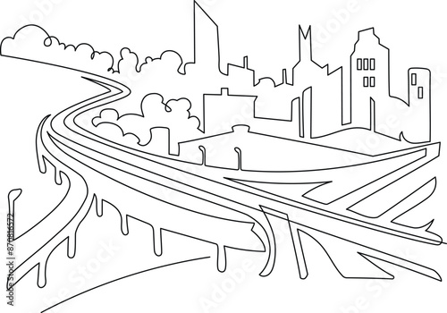 Megapolis. Continuous line drawing.Illustration of the highway and cityscape of the city. Vector