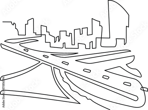 Megapolis. Continuous line drawing.Illustration of the highway and cityscape of the city. Vector