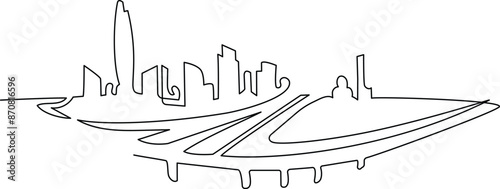 Megapolis. Continuous line drawing.Illustration of the highway and cityscape of the city. Vector