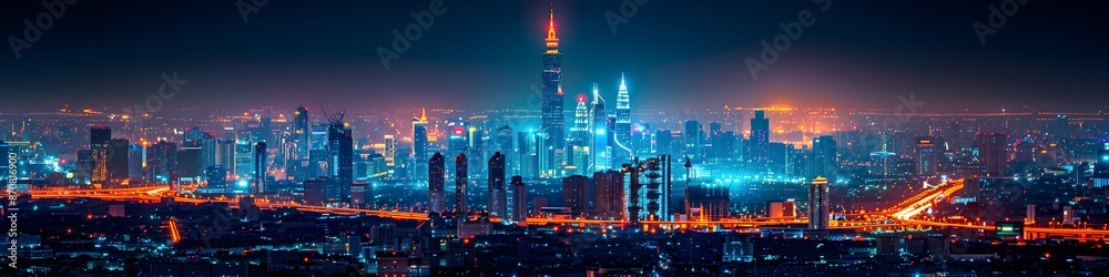 Fototapeta premium Aerial view Smart cityscape dot point connect with gradient line, connection technology metaverse concept. Bangkok, Thailand night city