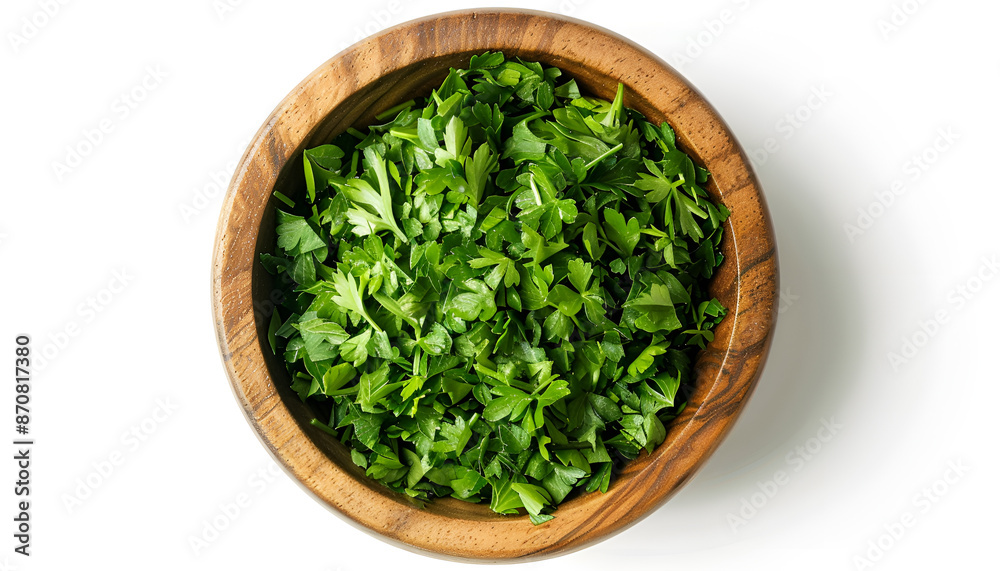 Chopped parsley leaves in wooden bowl isolated on white, top view Chopped parsley leaves in wooden bowl isolated on white, top view
