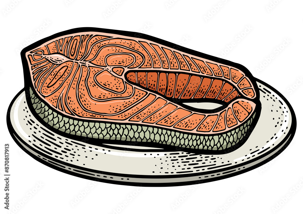 Atlantic salmon fish steak color line art sketch engraving PNG illustration. T-shirt apparel print design. Scratch board imitation. Black and white hand drawn image. Atlantic salmon fish steak color line art sketch engraving PNG illustration. T-shirt apparel print design. Scratch board imitation. Black and white hand drawn image.