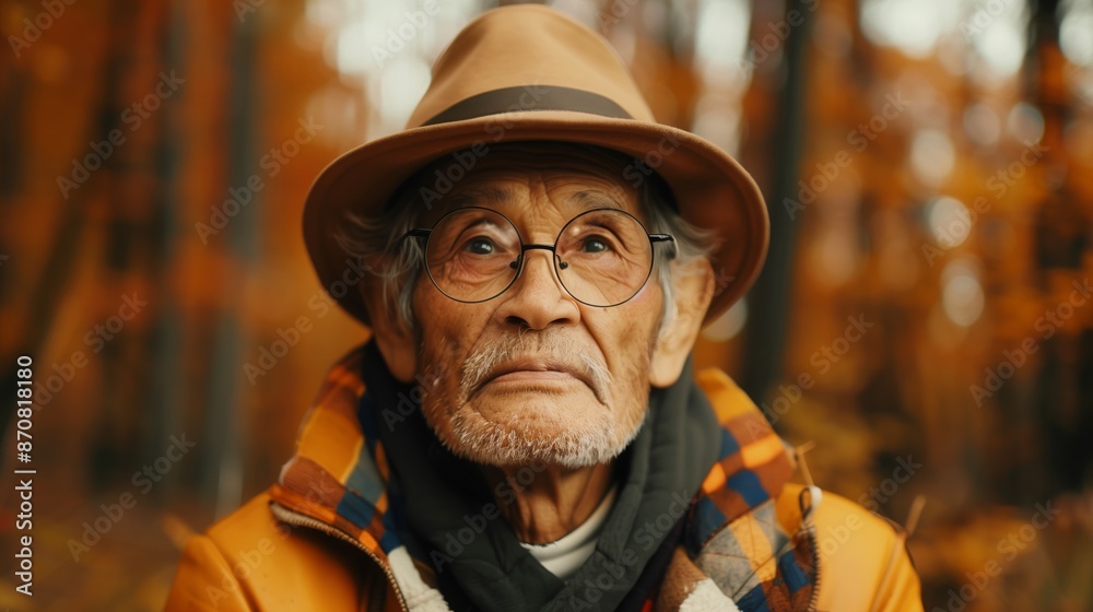 Close-up portrait of an elderly man wearing a hat and glasses in an autumn forest Close-up portrait of an elderly man wearing a hat and glasses in an autumn forest