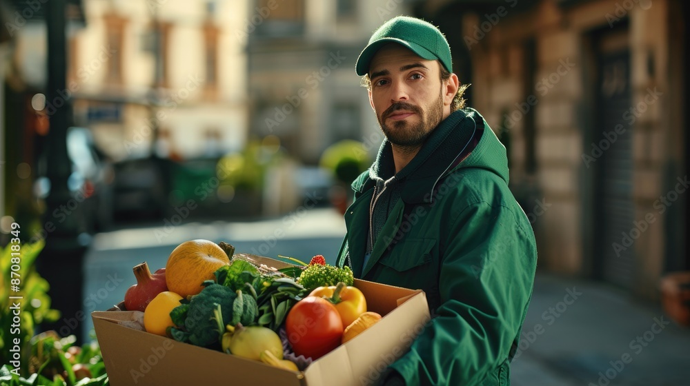 Handsome caucasian grocery delivery courier holding a green grocery box filled with fresh fruits and vegetables, standing on a european city street