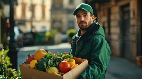 Obraz na płótnie Handsome caucasian grocery delivery courier holding a green grocery box filled with fresh fruits and vegetables, standing on a european city street w salonie