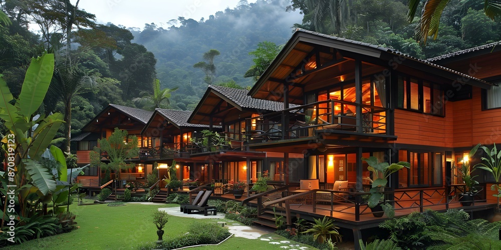 Obraz premium Wooden houses in the middle of a tropical forest