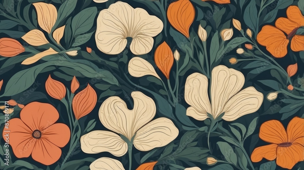 Beautiful pattern wallpaper in plants and flowers, engraving, sketch Beautiful pattern wallpaper in plants and flowers, engraving, sketch