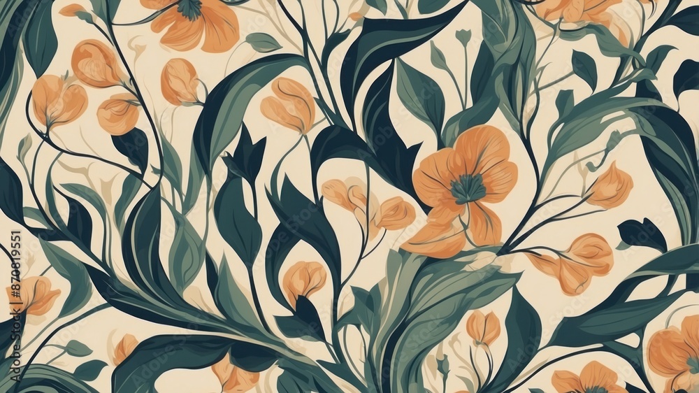 Beautiful pattern wallpaper in plants and flowers, engraving, sketch Beautiful pattern wallpaper in plants and flowers, engraving, sketch