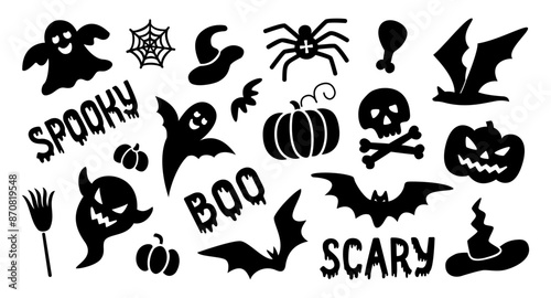 Halloween black silhouette clipart hand drawn quote lettering set. Ghosts, bats, pumpkin, spider, skull with crossed bones and withch's hat. EPS 10 vector illustration for prints, cutting designs