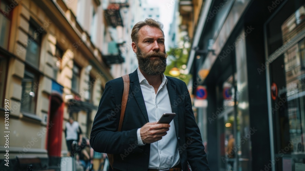 Businessman in city using smartphone with internet for company work Businessman in city using smartphone with internet for company work