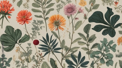 Beautiful pattern wallpaper in plants and flowers, engraving, sketch