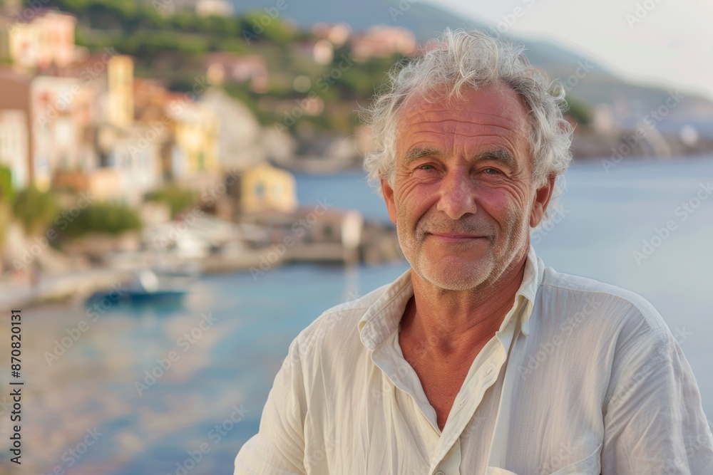 Portrait of a content caucasian man in his 60s wearing a simple cotton shirt isolated in picturesque seaside village Portrait of a content caucasian man in his 60s wearing a simple cotton shirt isolated in picturesque seaside village