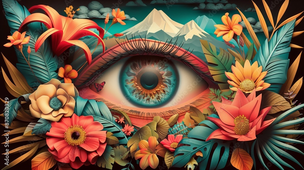 Obraz premium A digital art piece featuring a vibrant eye surrounded by lush tropical foliage and a mountain view