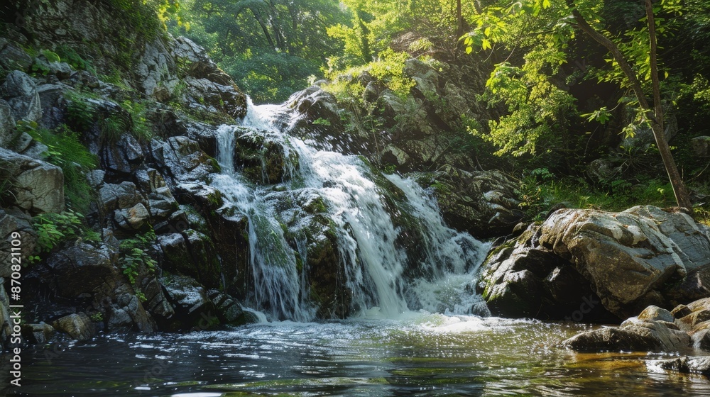 The waterfall's constant flow erodes the rocks over time, shaping the landscape with its relentless power. The waterfall's constant flow erodes the rocks over time, shaping the landscape with its relentless power.
