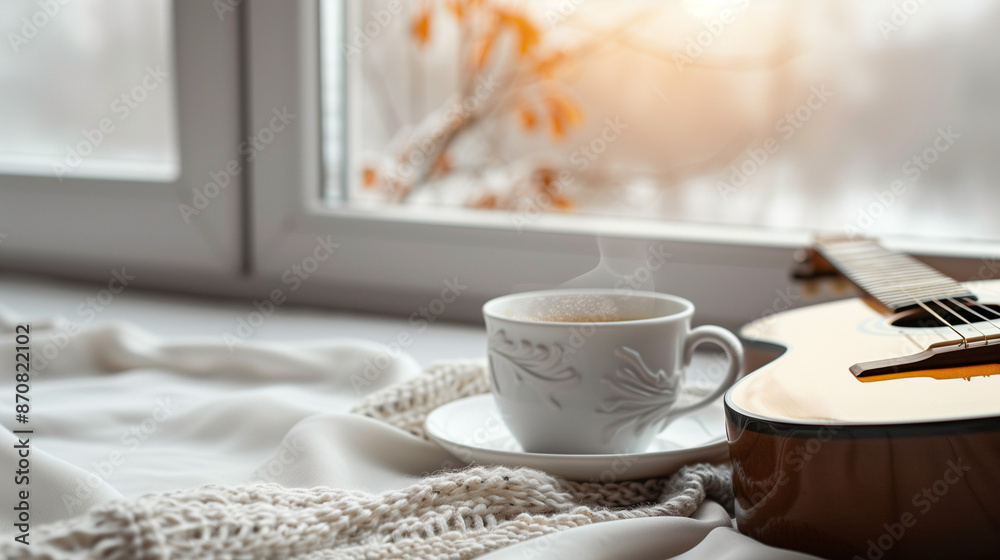 A view of the morning table with a mug full of aromatic coffee and a guitar waiting for the first sounds. The white countertop is clean and smooth, reflecting the cheerful morning light.