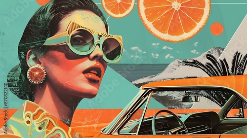 Wallpaper Mural Retro Road Trip: Woman in Sunglasses with Orange Car and Citrus Slices Embracing Summer Nostalgia Torontodigital.ca