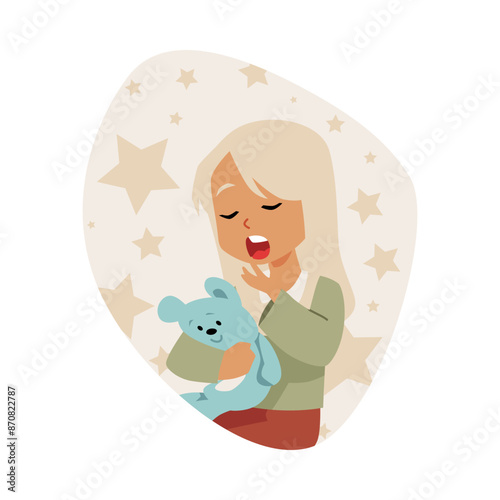 A child yawns, dressed in pajamas with a toy. Flat style.