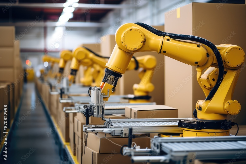 Industrial robot arm working on assembly line in factory. Smart industry 4.0 concept Industrial robot arm working on assembly line in factory. Smart industry 4.0 concept