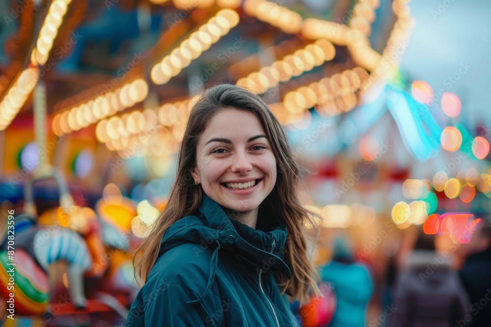 Obraz premium Portrait of a smiling woman in her 30s wearing a windproof softshell isolated in vibrant amusement park