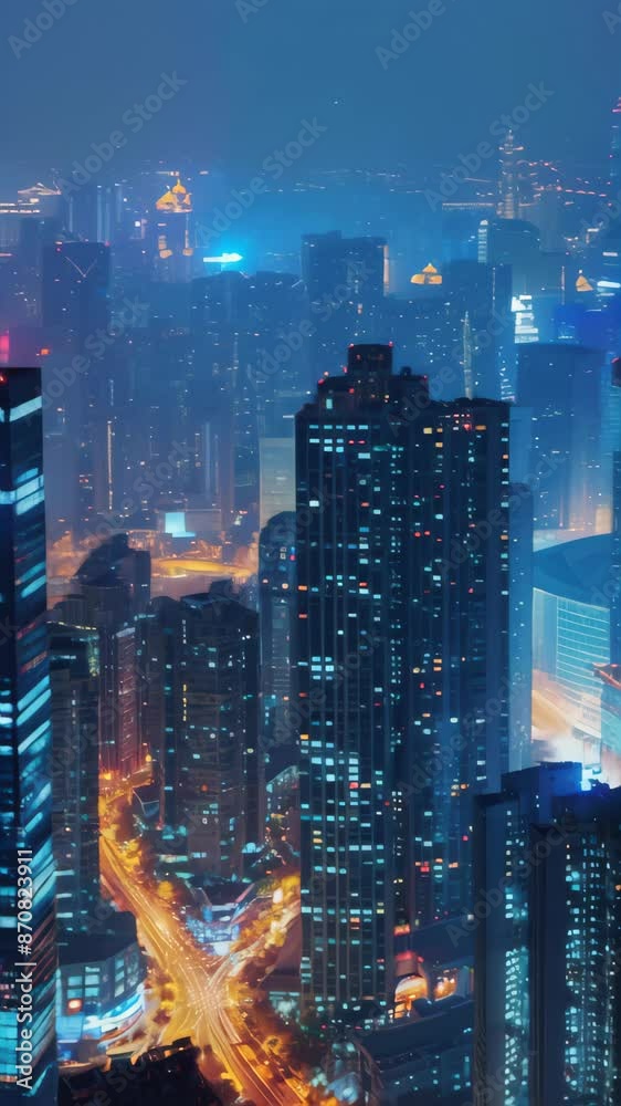 Illuminated cityscape at night with high-rise buildings and vibrant ...