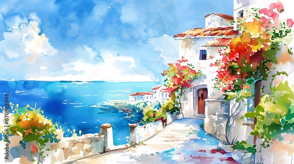 Fototapeta premium Vibrant Watercolor of Stunning Mediterranean Coastal Landscape