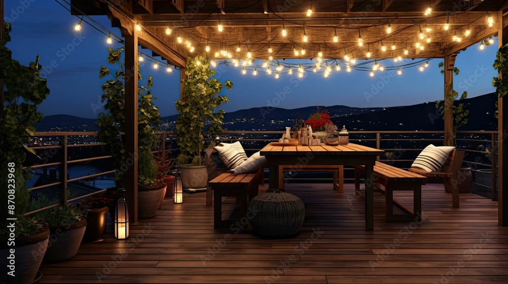 Fototapeta premium deck string lights wood