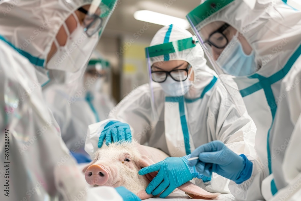 A scene depicting the potential risks of zoonotic infections in xenotransplantation, with medical personnel wearing protective gear and examining a pigs organ for possible pathogens