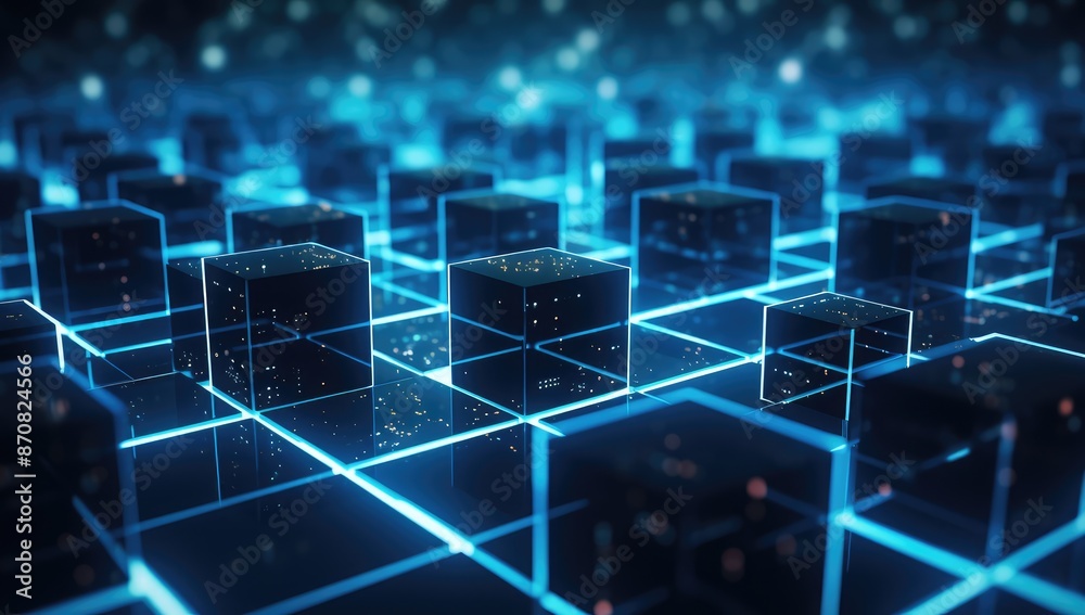 Obraz premium Abstract 3d rendering of cubes with glowing particles. Futuristic background.