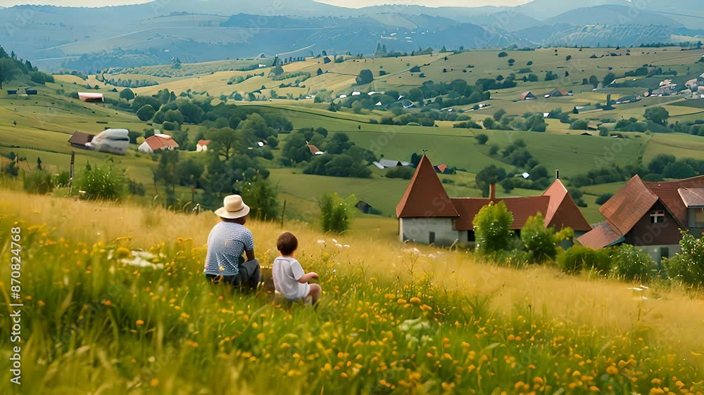 A father and son sit on a grassy hill, enjoying the picturesque view of a rural Romanian village A father and son sit on a grassy hill, enjoying the picturesque view of a rural Romanian village