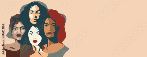 Banner abstraction of the power of women of different skin colors, cultures and nationalities for International Women's Day, Mother's Day, feminists. Concept of the movement for gender equality
