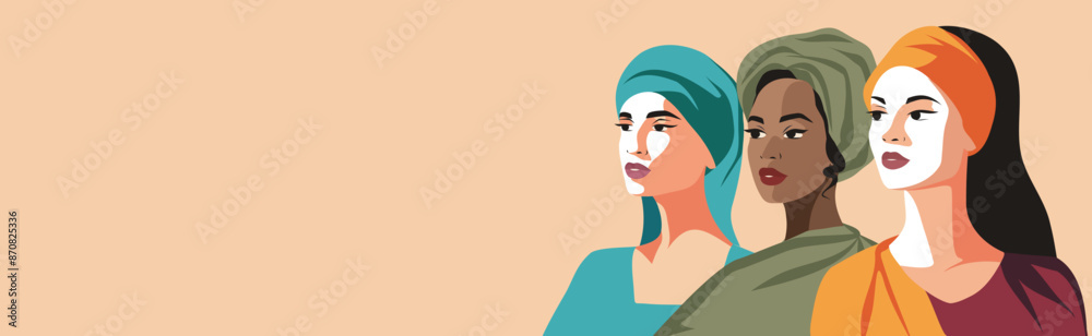Vector flat banner for International Women's Day, women of different cultures and nationalities with their heads covered. Vector concept of movement for gender equality and women's empowerment Vector flat banner for International Women's Day, women of different cultures and nationalities with their heads covered. Vector concept of movement for gender equality and women's empowerment