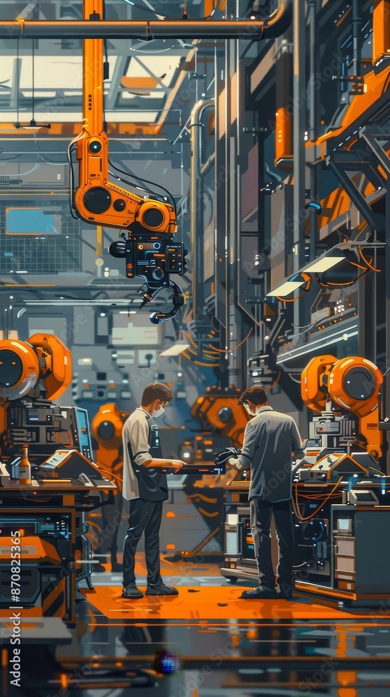 A scene depicting a robotics lab, with engineers working on AI-driven robots and automation, focusing on the development of advanced robotics technology for industrial and consumer applications A scene depicting a robotics lab, with engineers working on AI-driven robots and automation, focusing on the development of advanced robotics technology for industrial and consumer applications