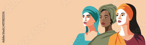 Vector flat banner for International Women's Day, women of different cultures and nationalities with their heads covered. Vector concept of movement for gender equality and women's empowerment