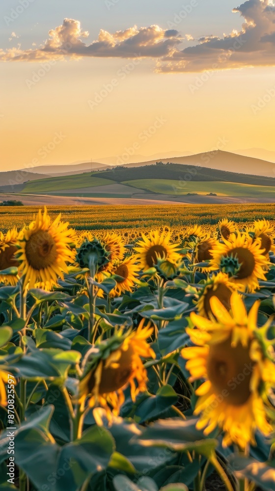 Fototapeta premium Sunflower field at sunset with rolling hills in the background, vibrant rural landscape. Nature and tranquility concept