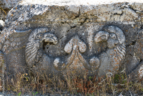 The ancient city of Antioch, Pisidia. Ancient Roman stone relief depicting two eagles. The city was founded by Antiochus I between 281 and 261 BC and is located in the province of Isparta,Turkey photo