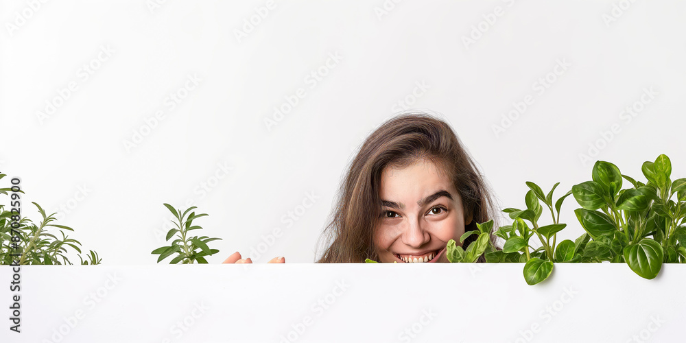 Young female brunette gardener smiling over a white edge. Young female brunette gardener smiling over a white edge.