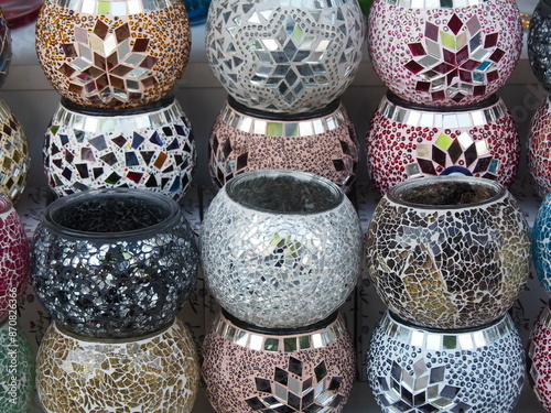 turkish mosaic cups as souvenir at Alanya market