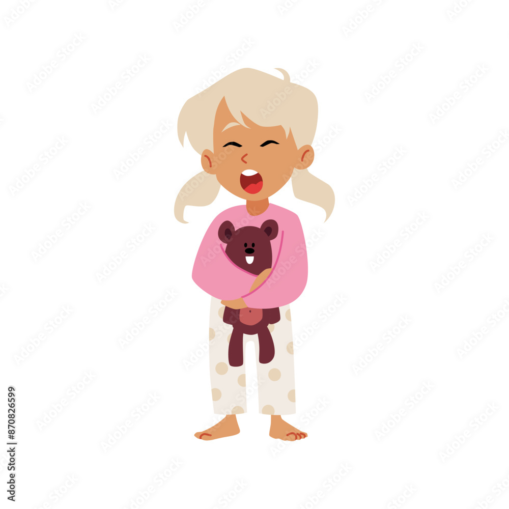 Cute sleepy blond girl wearing pajamas holding teddy bear toy and yawning vector flat illustration kid waking up bedtime Cute sleepy blond girl wearing pajamas holding teddy bear toy and yawning vector flat illustration kid waking up bedtime