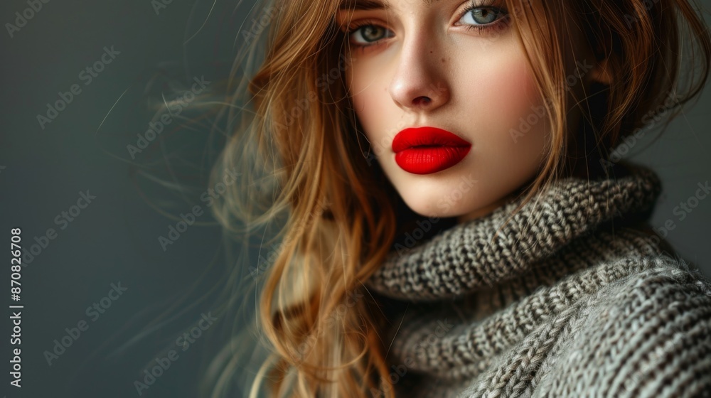 Portrait of young stunning model with bright impressive red lips. Studio photo shoot of pretty woman in fashionable sweater