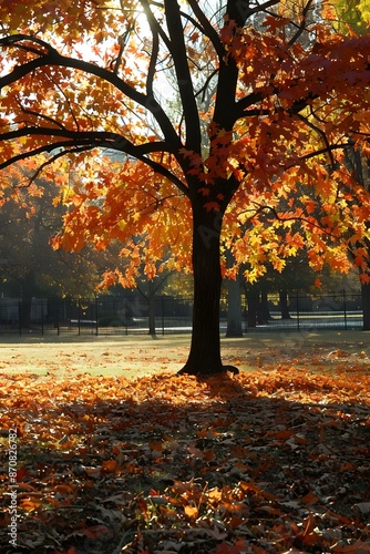 Autumn Leaves on the Ground with Sunlight Shining Through Tree Branches