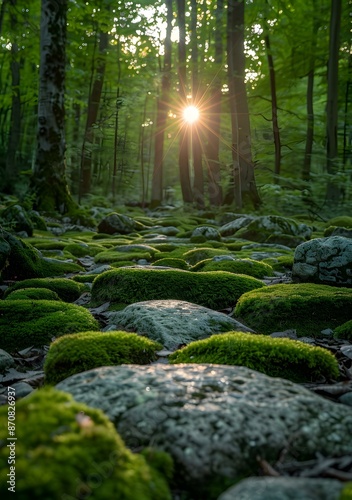 Sunlight Through Trees And Moss Covered Rocks