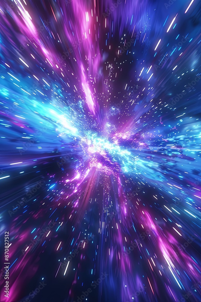 Naklejka premium Abstract creative space background. Hyperjump to another galaxy. Speed ​​of light, neon glowing rays in motion.