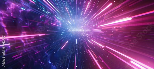 Abstract creative space background. Hyperjump to another galaxy. Speed ​​of light, neon glowing rays in motion.