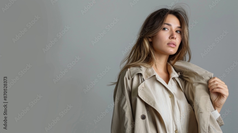 shot of fashionable woman holding trench coat and looking away isolated on grey shot of fashionable woman holding trench coat and looking away isolated on grey