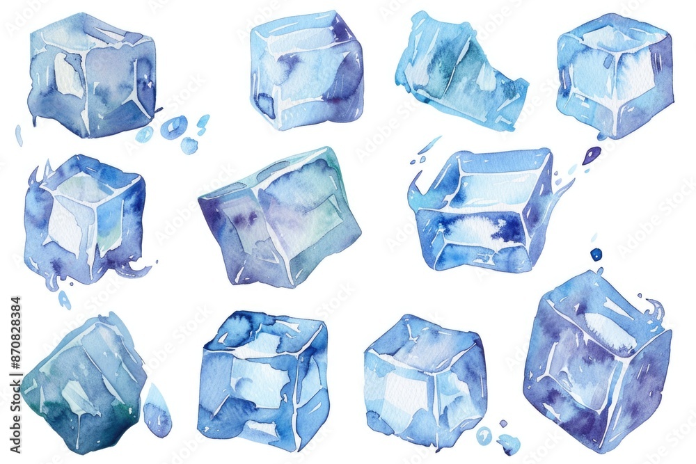 A collection of blue ice cubes sitting on a clean white surface, perfect for use in various settings such as product photography, scientific illustrations or decorative design A collection of blue ice cubes sitting on a clean white surface, perfect for use in various settings such as product photography, scientific illustrations or decorative design
